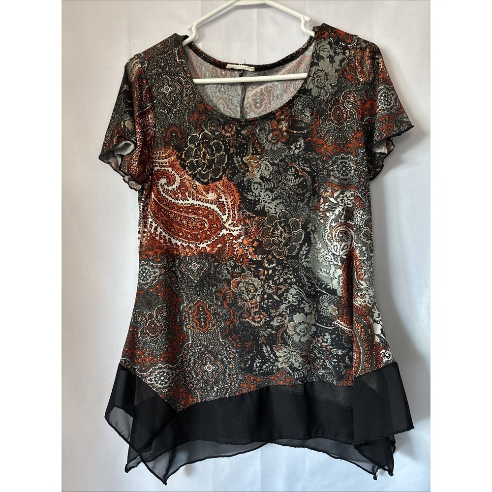 Maurices Paisley Pattern Short Sleeve Stretch Blouse Sheer Ruffle Women's Size S